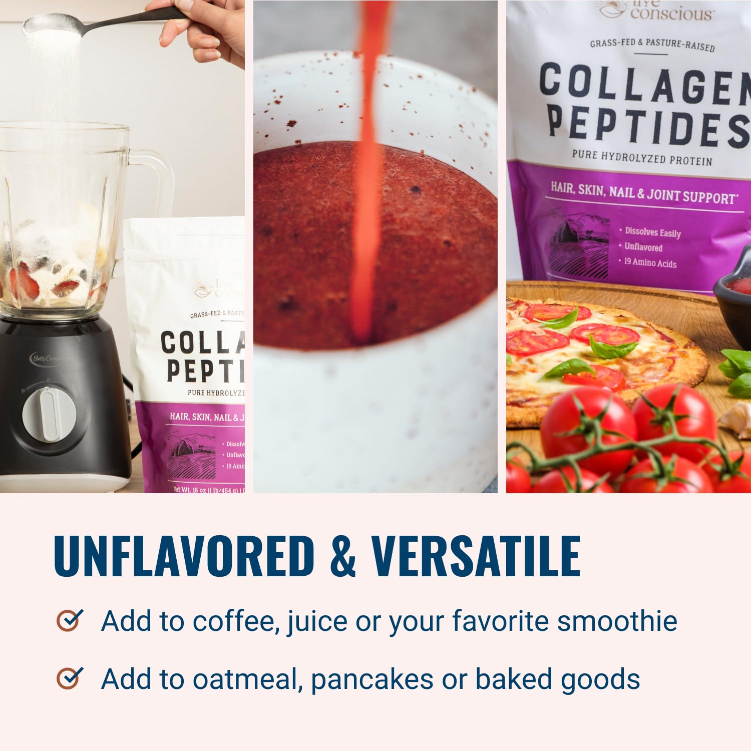 Live Conscious collagen powder label with grass-fed, pasture-raised notes