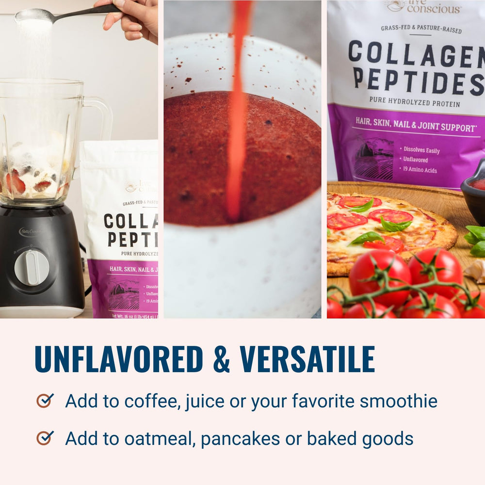 Live Conscious collagen powder label with grass-fed, pasture-raised notes