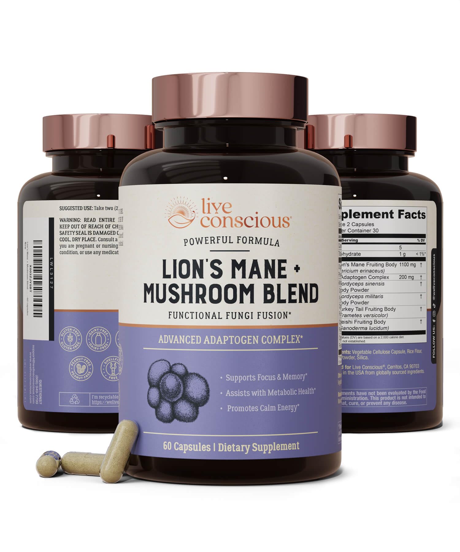 Live Conscious Lion’s Mane bottle front view for brain support and daily focus.