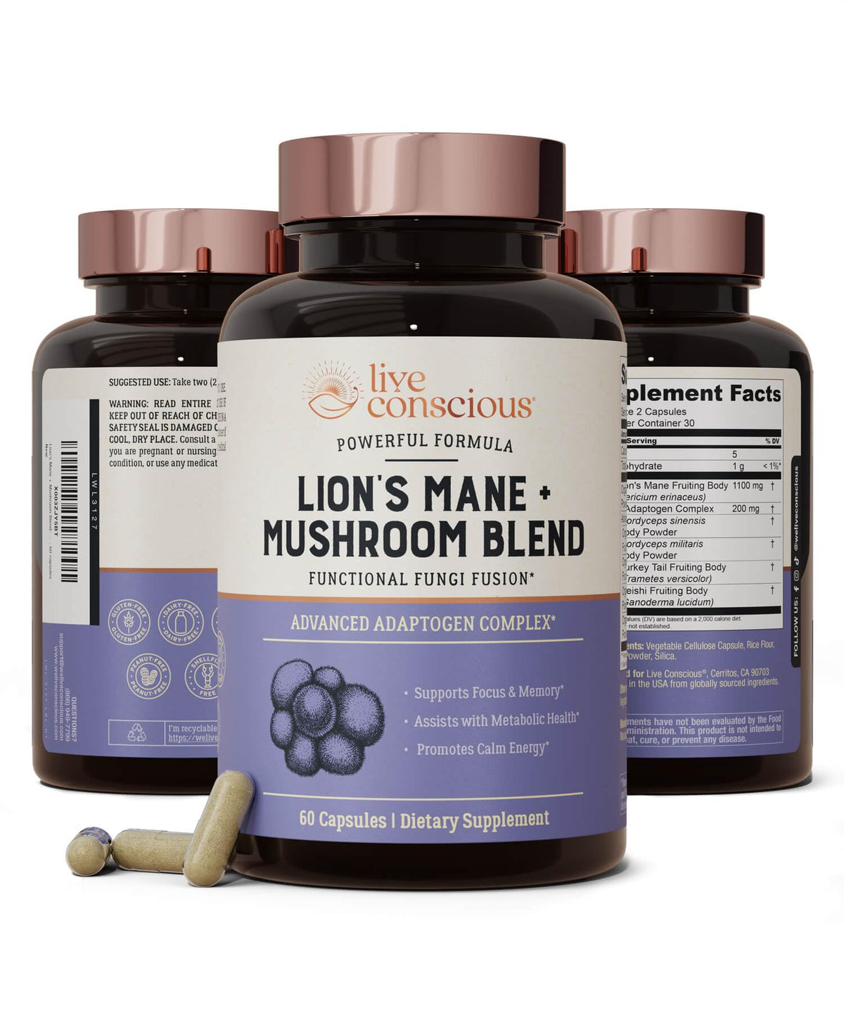 Live Conscious Lion’s Mane bottle front view for brain support and daily focus.