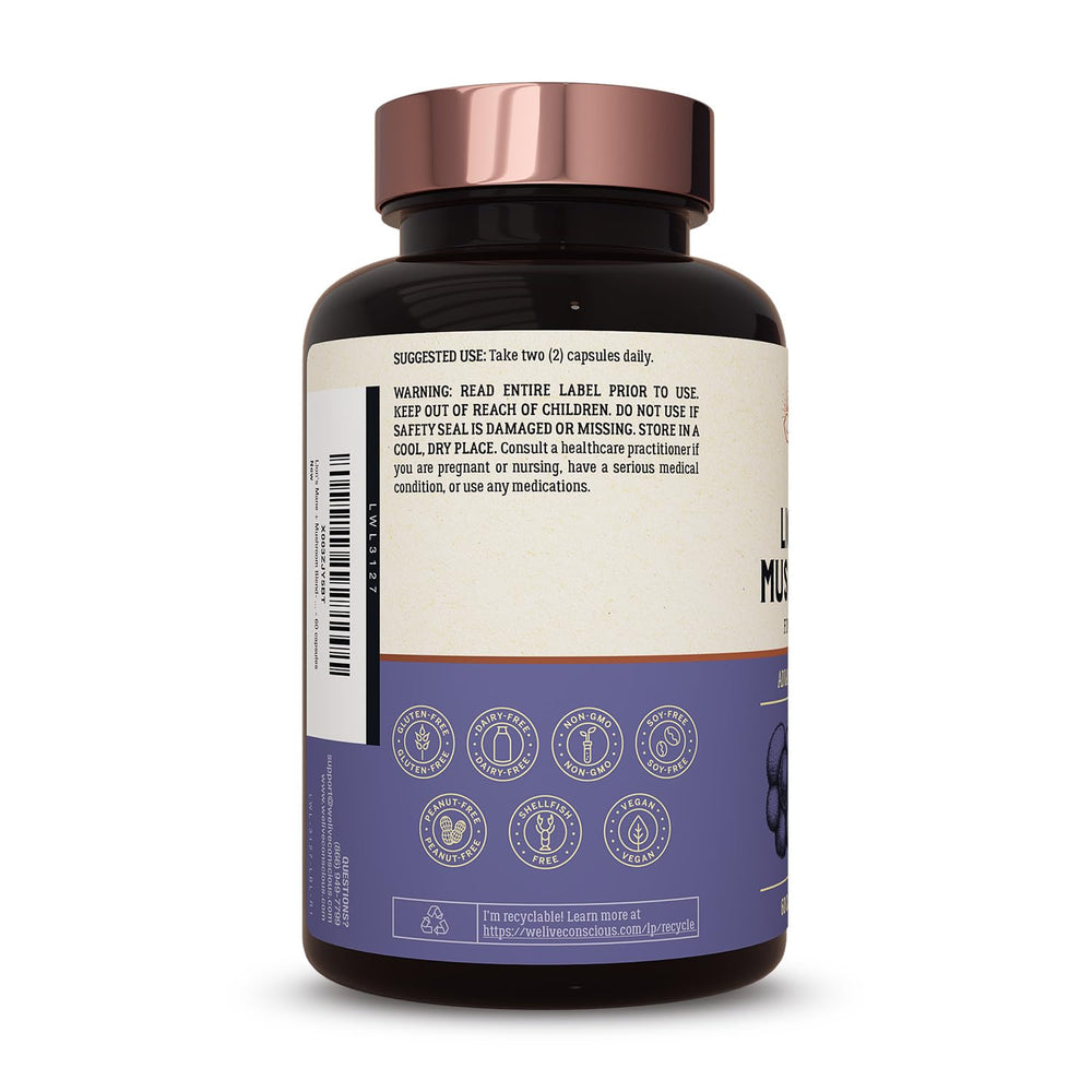 Back of Live Conscious Lions Mane packaging showing ingredients.