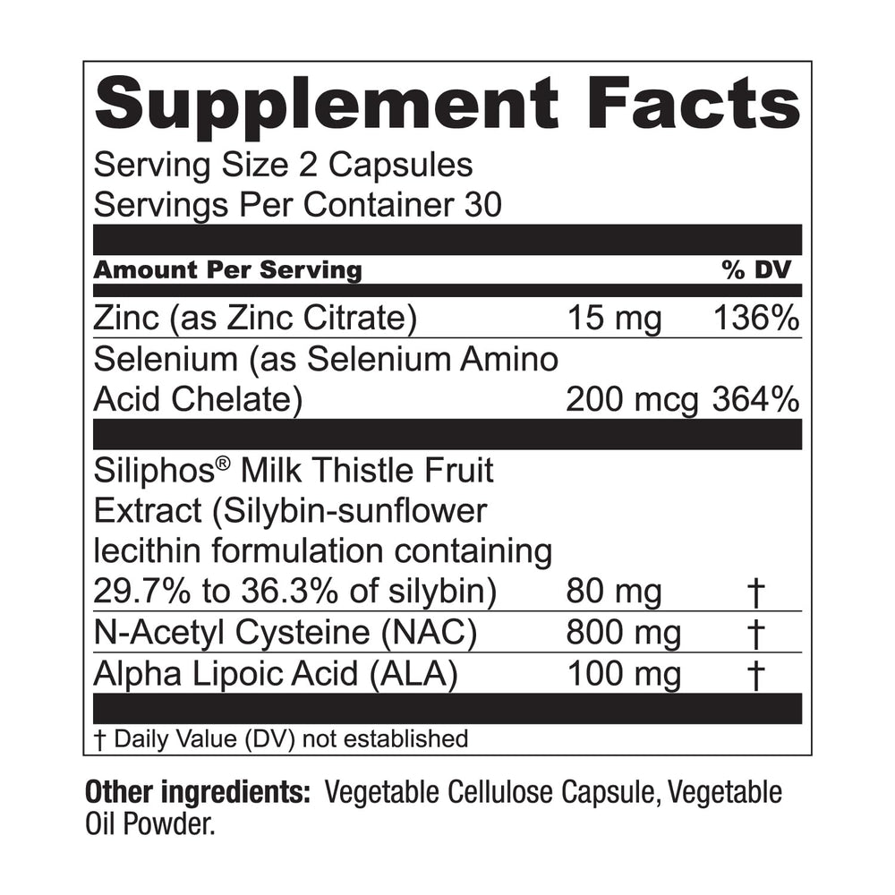 Live Conscious LiverWell bottle label closeup showing antioxidant support details.