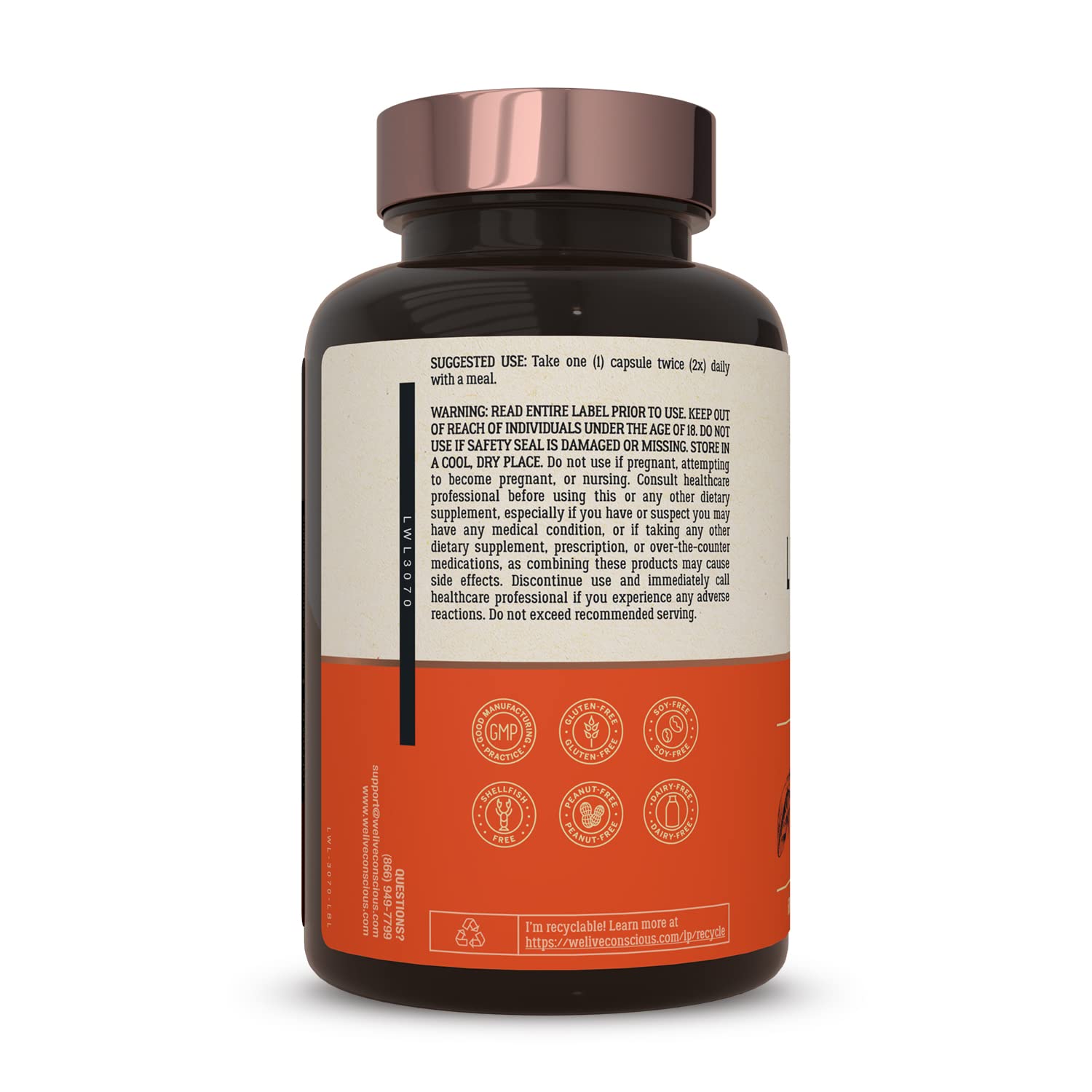Live Conscious LiverWell nutrition facts label lists zinc and selenium.