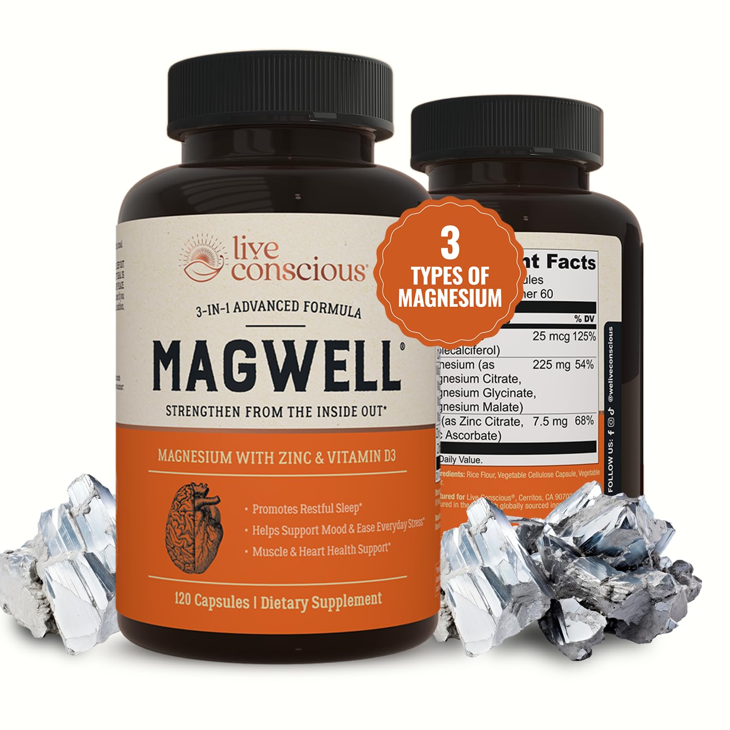 Live Conscious Magwell bottle close-up showing capsules for daily bone and immune support
