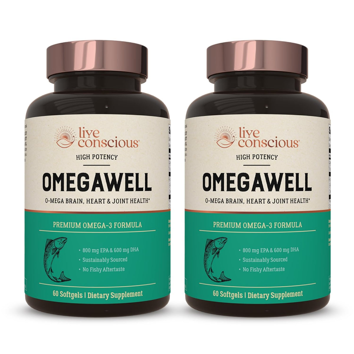 Live Conscious OmegaWell bottle closeup highlighting enteric-coated softgels for burpless digestion.