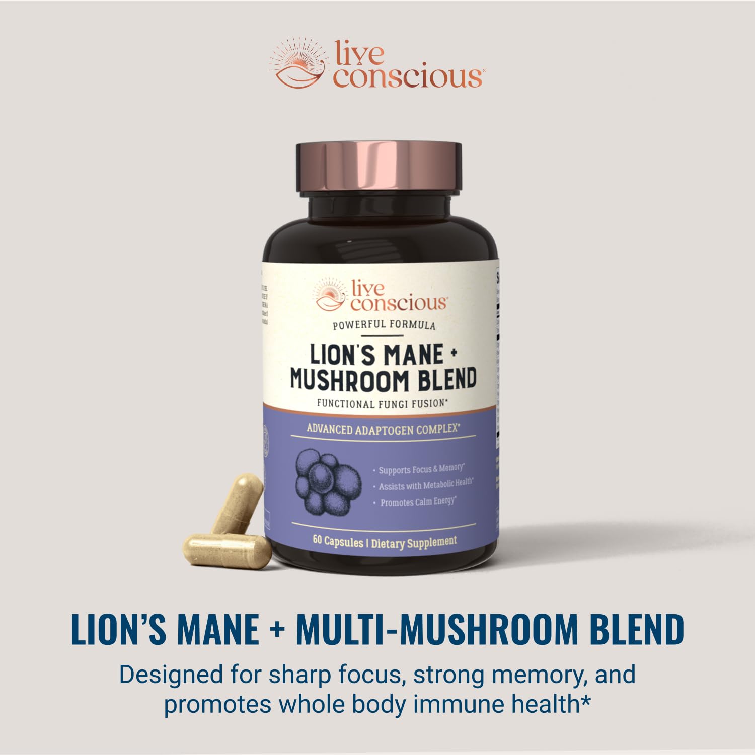 Turkey Tail image on Live Conscious packaging highlighting immune support.