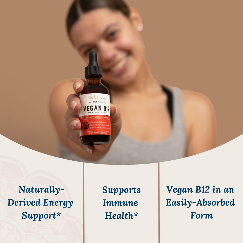 Live Conscious Vegan B12 Drops dropper ready for under-the-tongue application