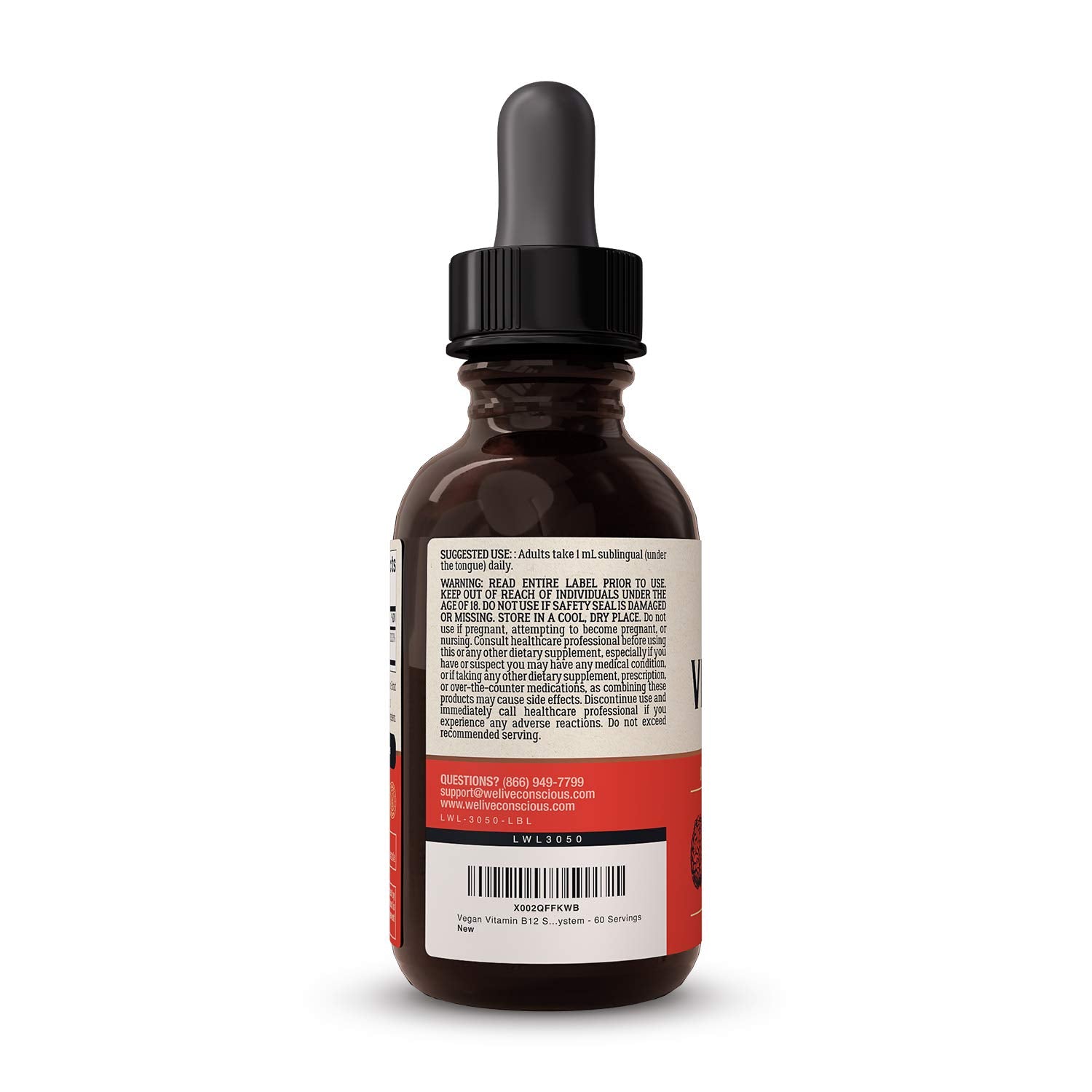Live Conscious Vegan B12 Drops glass bottle against background features sustainable packaging