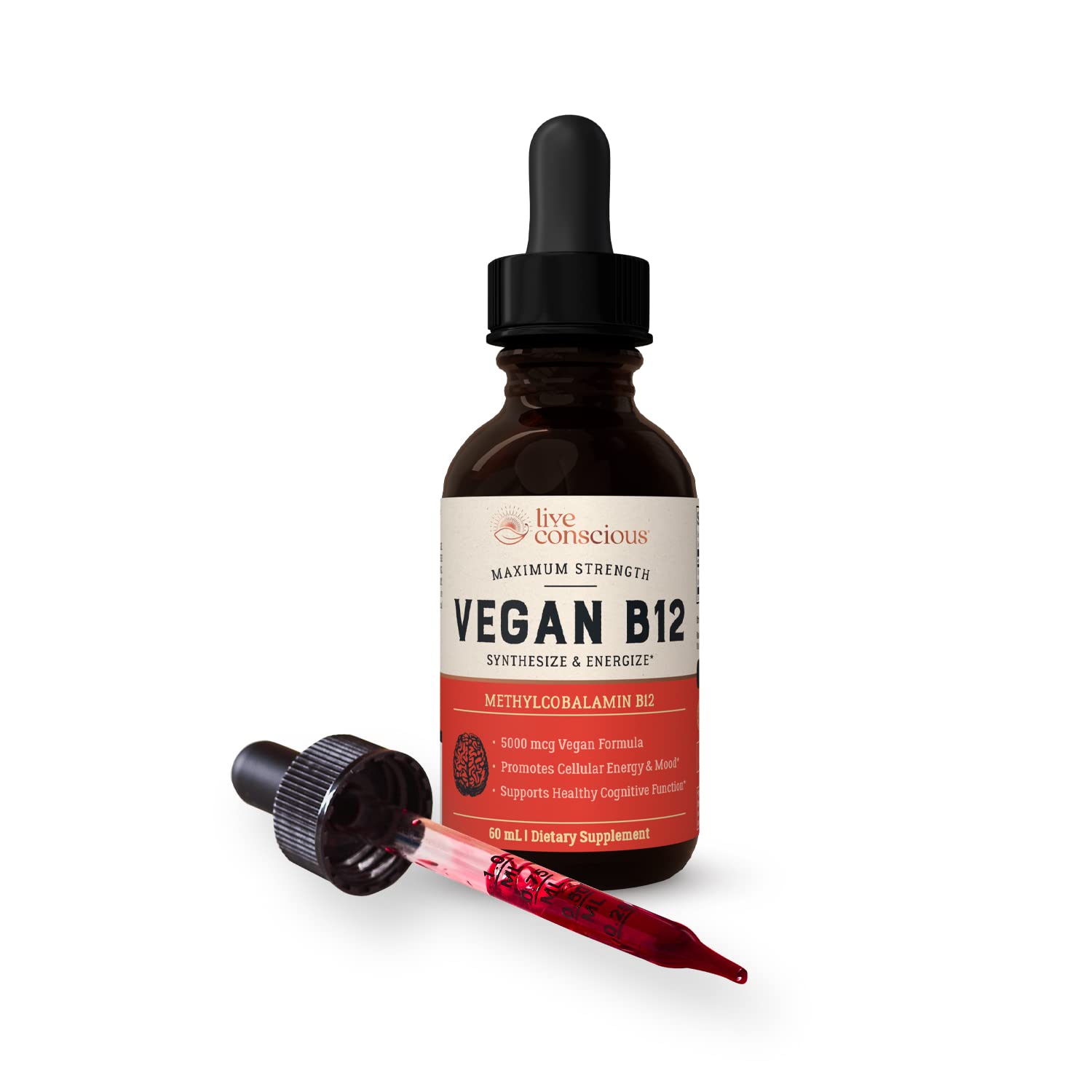 Live Conscious Vegan B12 Drops bottle emphasizes immune support and white blood cell function