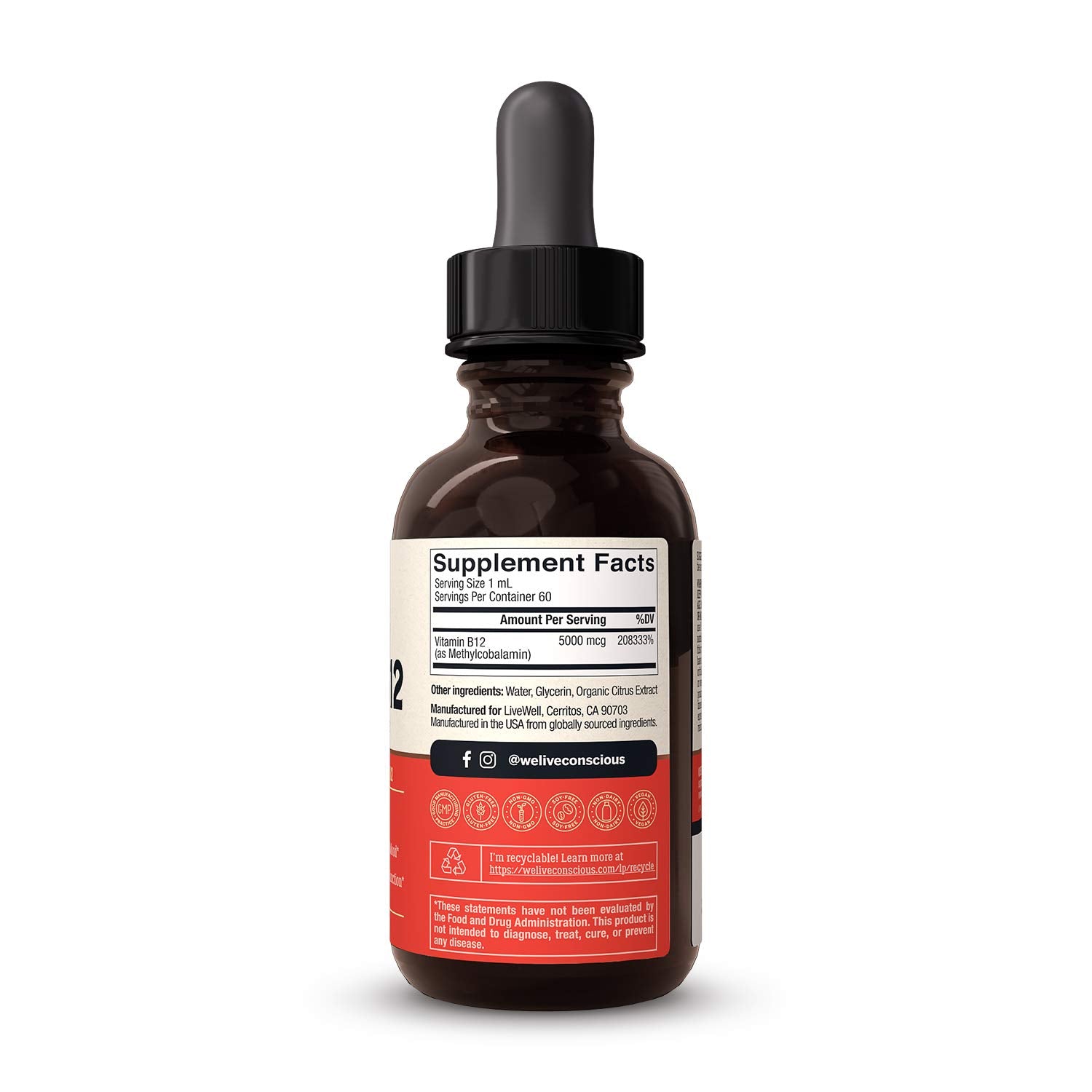 Live Conscious Vegan B12 Drops packaging notes lactose-free gluten-free soy-free and non-GMO