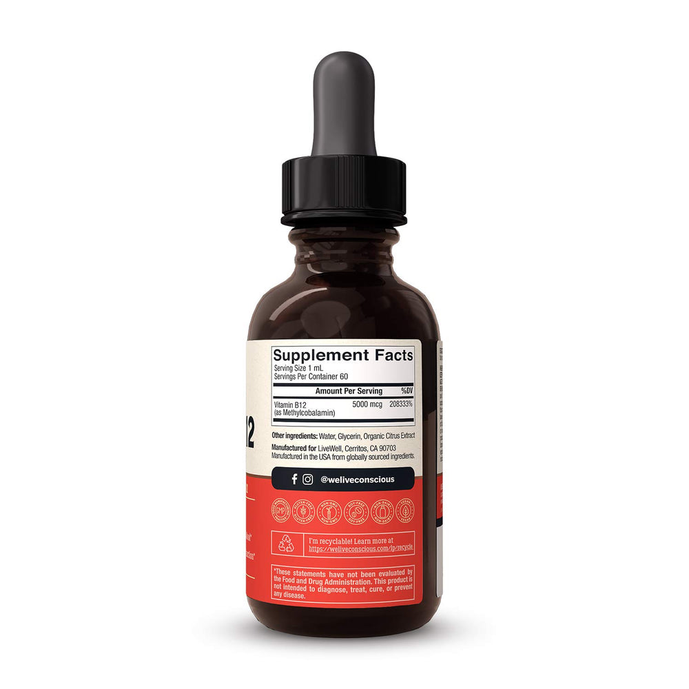 Live Conscious Vegan B12 Drops packaging notes lactose-free gluten-free soy-free and non-GMO
