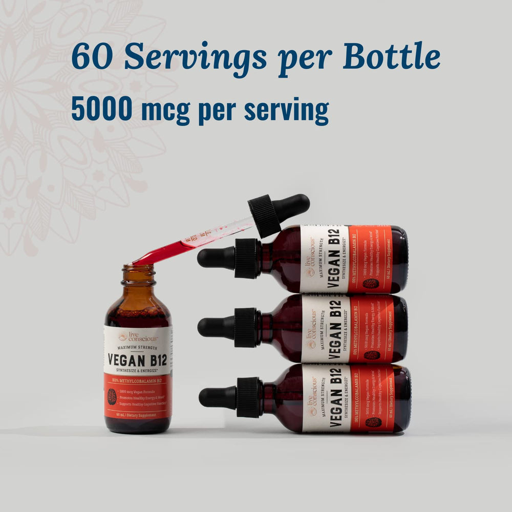 Live Conscious Vegan B12 Drops pour tip showing fast-absorption formula
