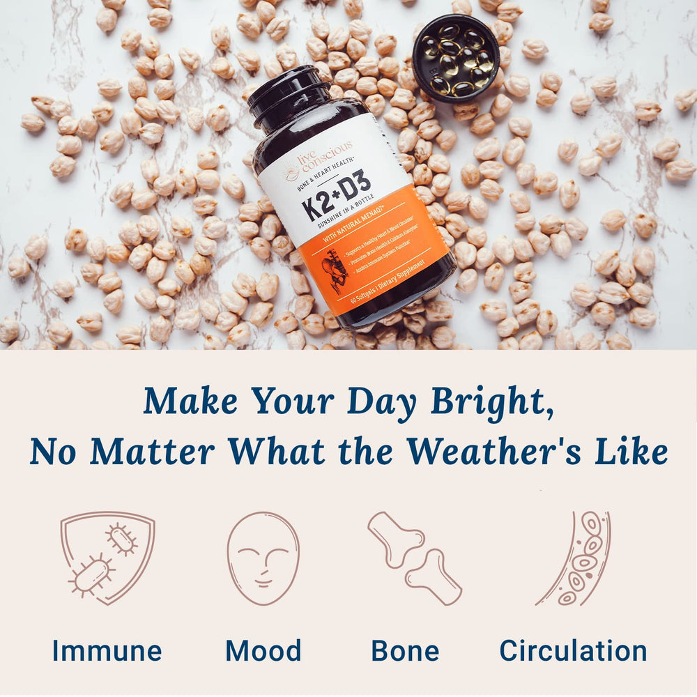 Live Conscious Vitamin K2 MK7 with D3 bottle-back highlights ingredients and dosage.
