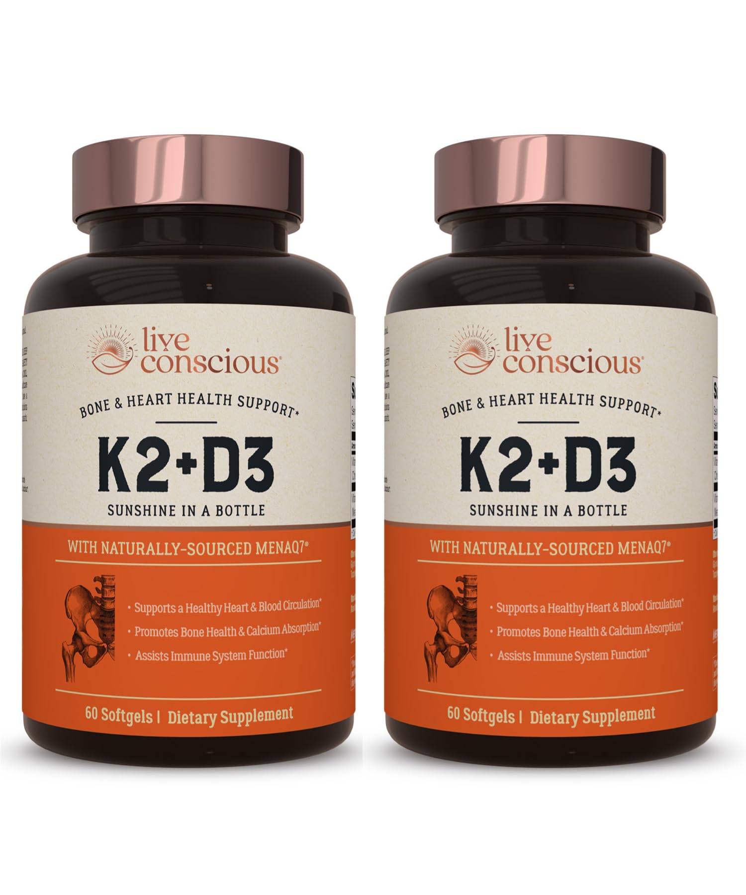 Live Conscious Vitamin K2 MK7 with D3 bottle-front promoting bone and heart support.