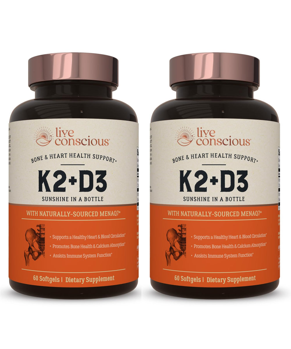 Live Conscious Vitamin K2 MK7 with D3 bottle-front promoting bone and heart support.
