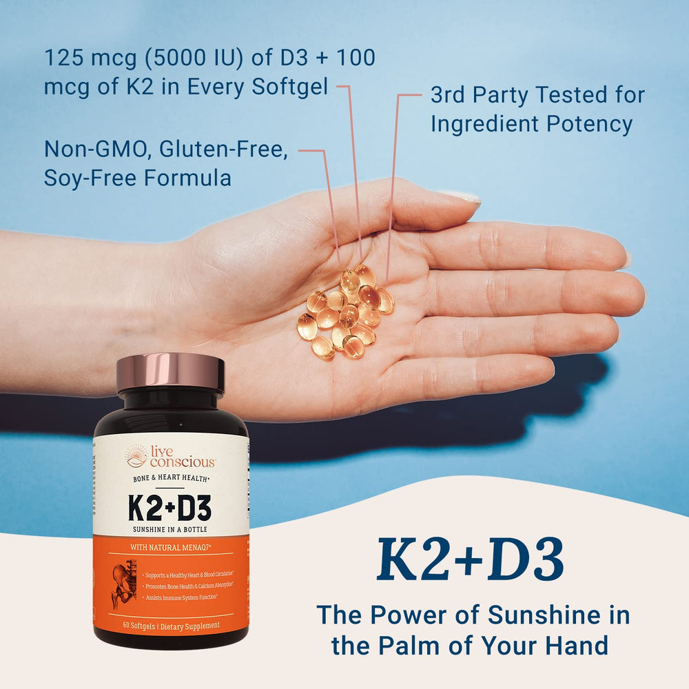 Live Conscious Vitamin K2 MK7 with D3 softgels closeup shows easy daily intake