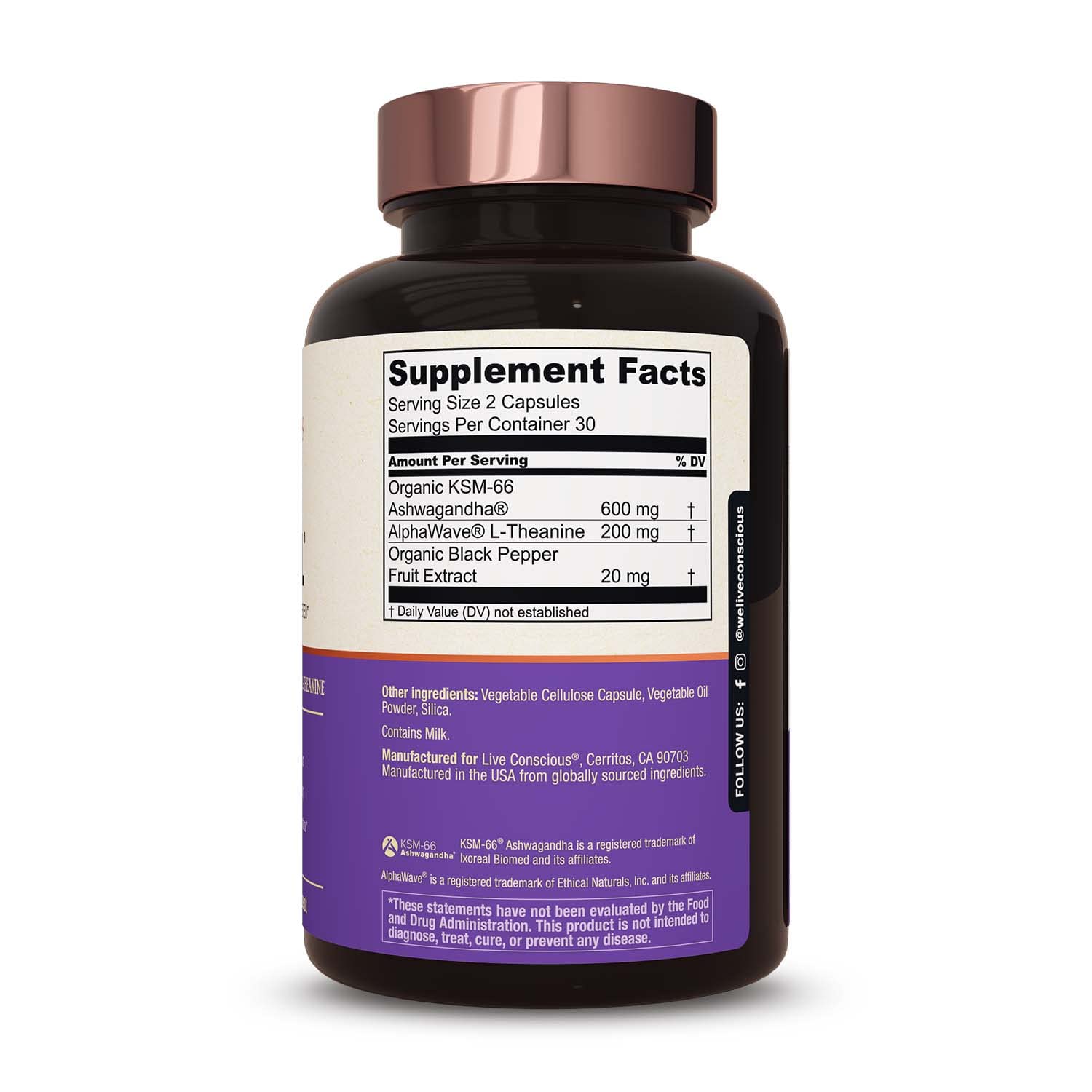 Live Conscious ZenWell bottle back label details and dosage information.