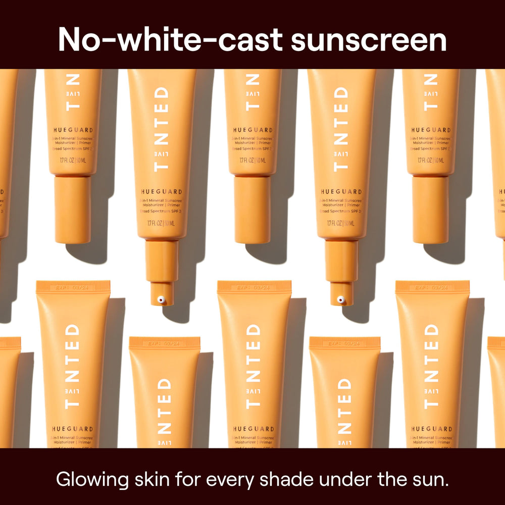Live Tinted Hueguard cream texture close-up shows non-greasy finish.