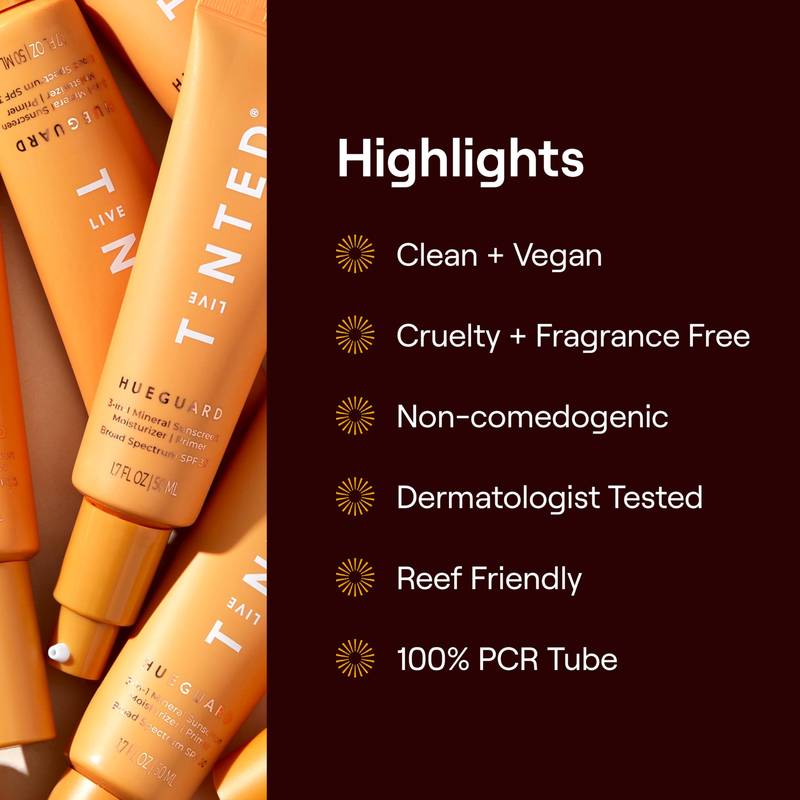 Sustainable, reef-friendly Hueguard packaging emphasizing vegan, fragrance-free care.