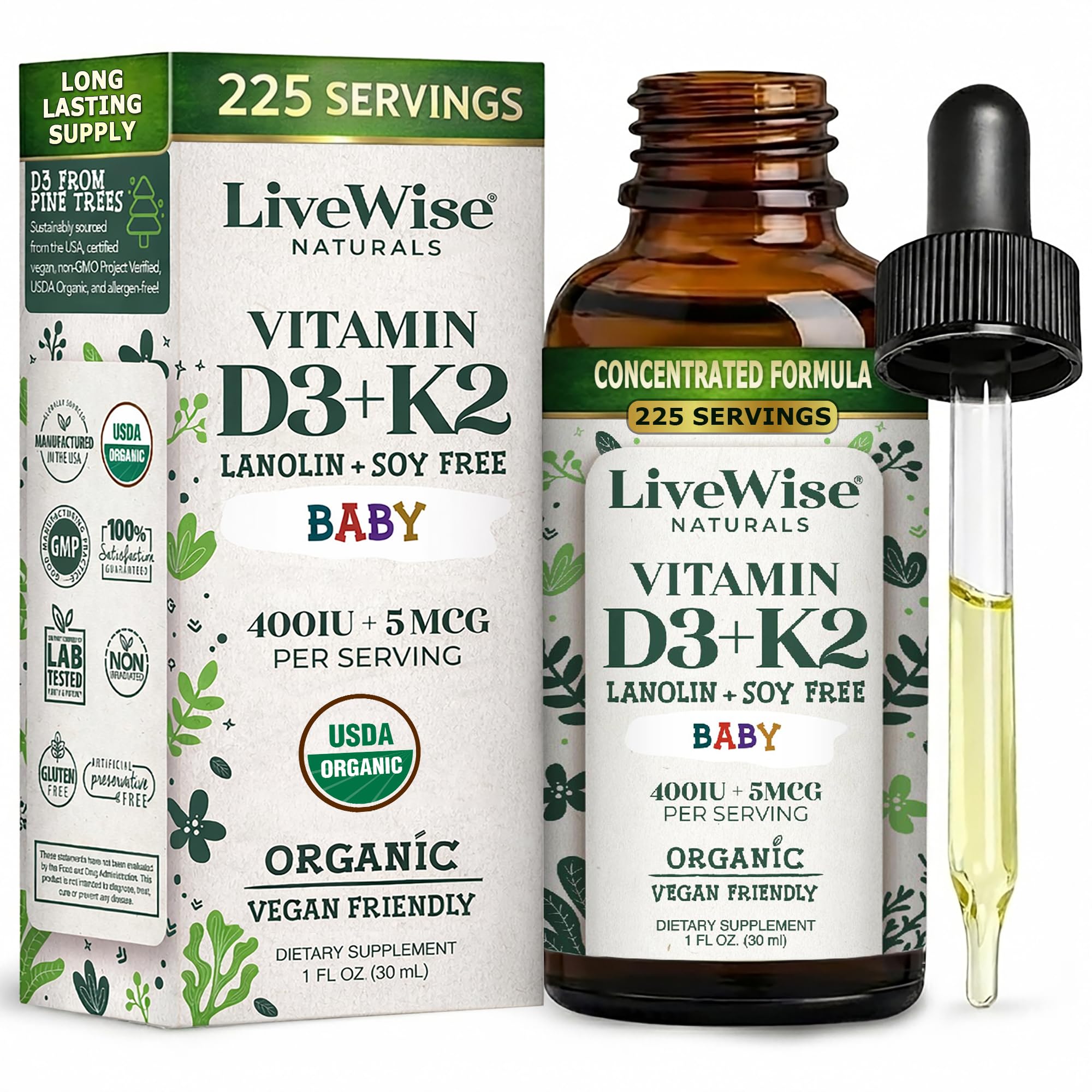 Live Wise Naturals baby drops bottle delivering 400 IU of vitamin D3 for infants.