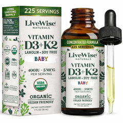 Live Wise Naturals baby drops bottle delivering 400 IU of vitamin D3 for infants.