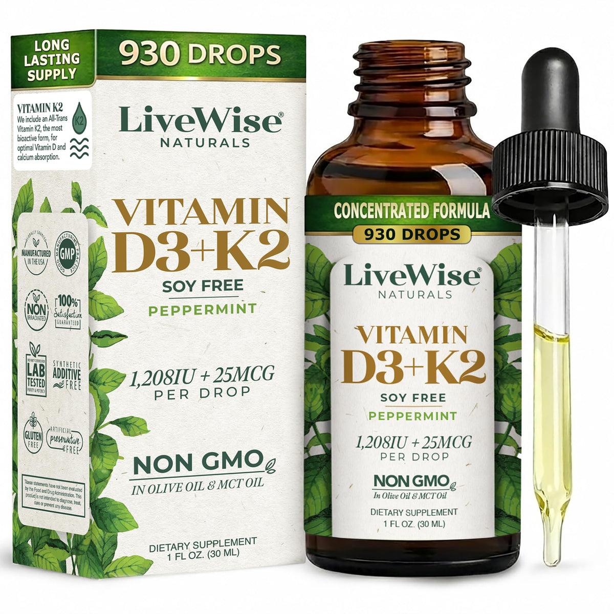 Live Wise Naturals D3K2 drops bottle promotes convenient daily supplementation with peppermint flavor.