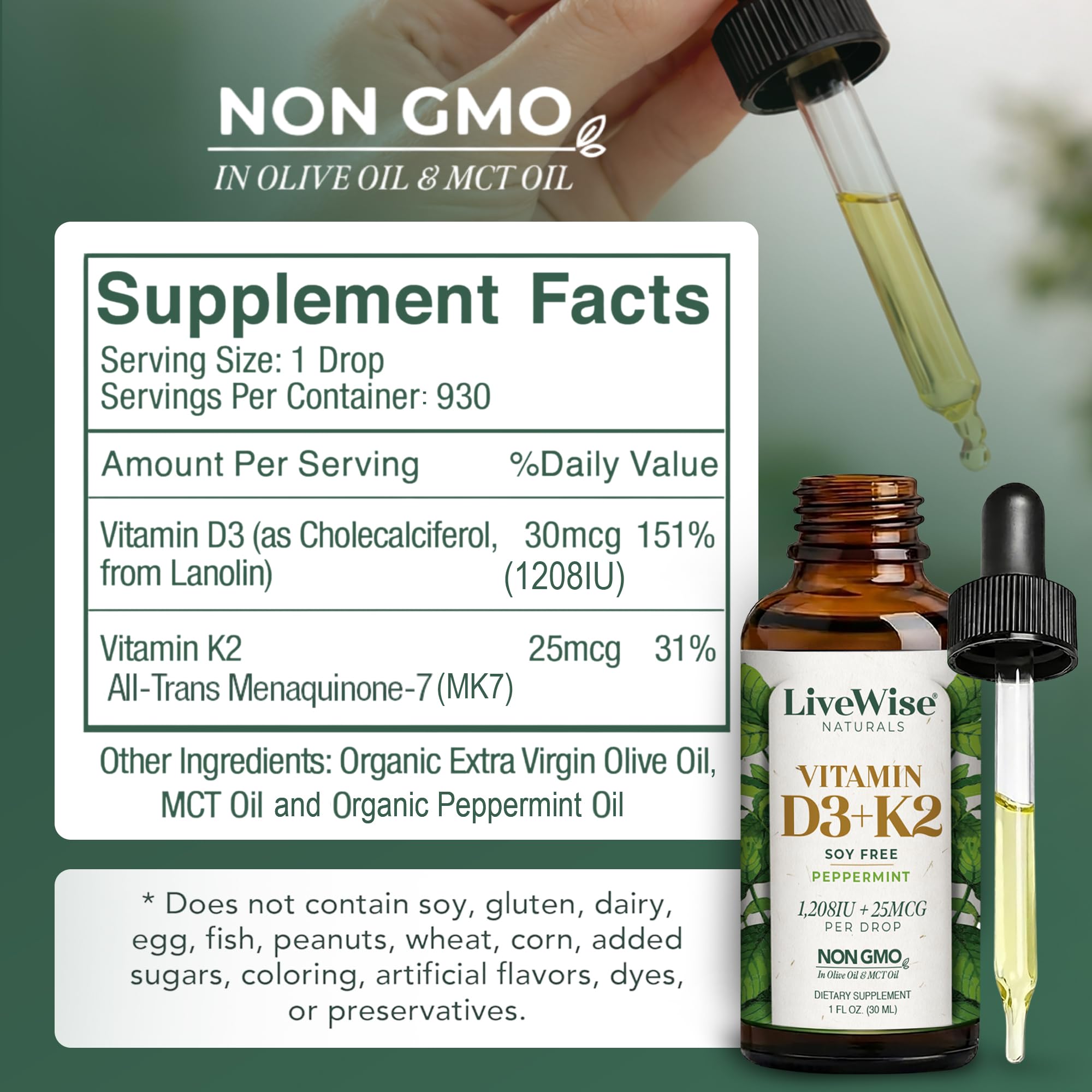 Live Wise Naturals D3K2 drops dropper enables precise micro-dosing.
