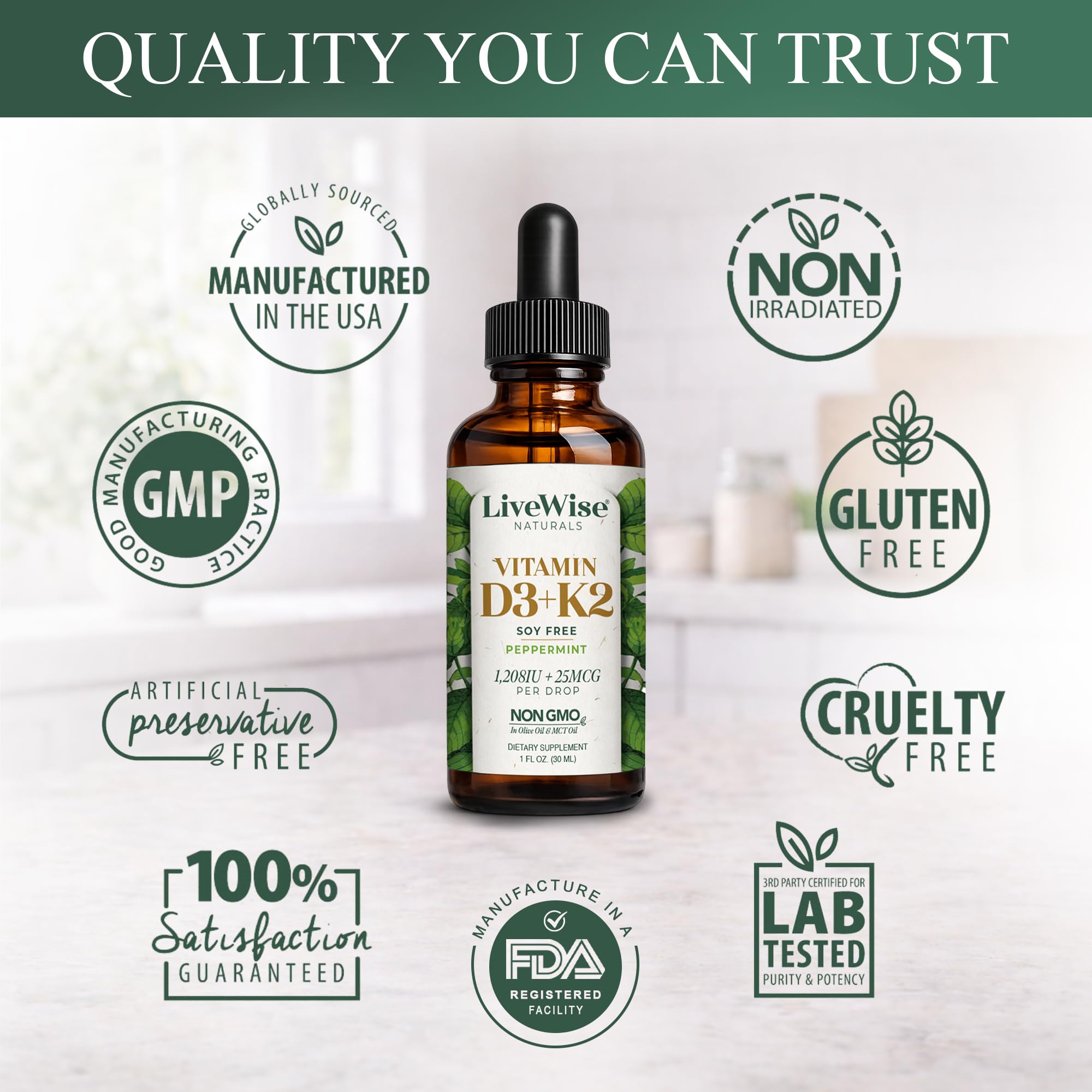 Live Wise Naturals D3K2 drops clean-label ingredients and olive oil base.