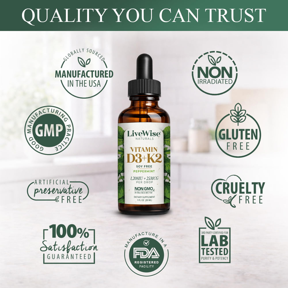 Live Wise Naturals D3K2 drops clean-label ingredients and olive oil base.