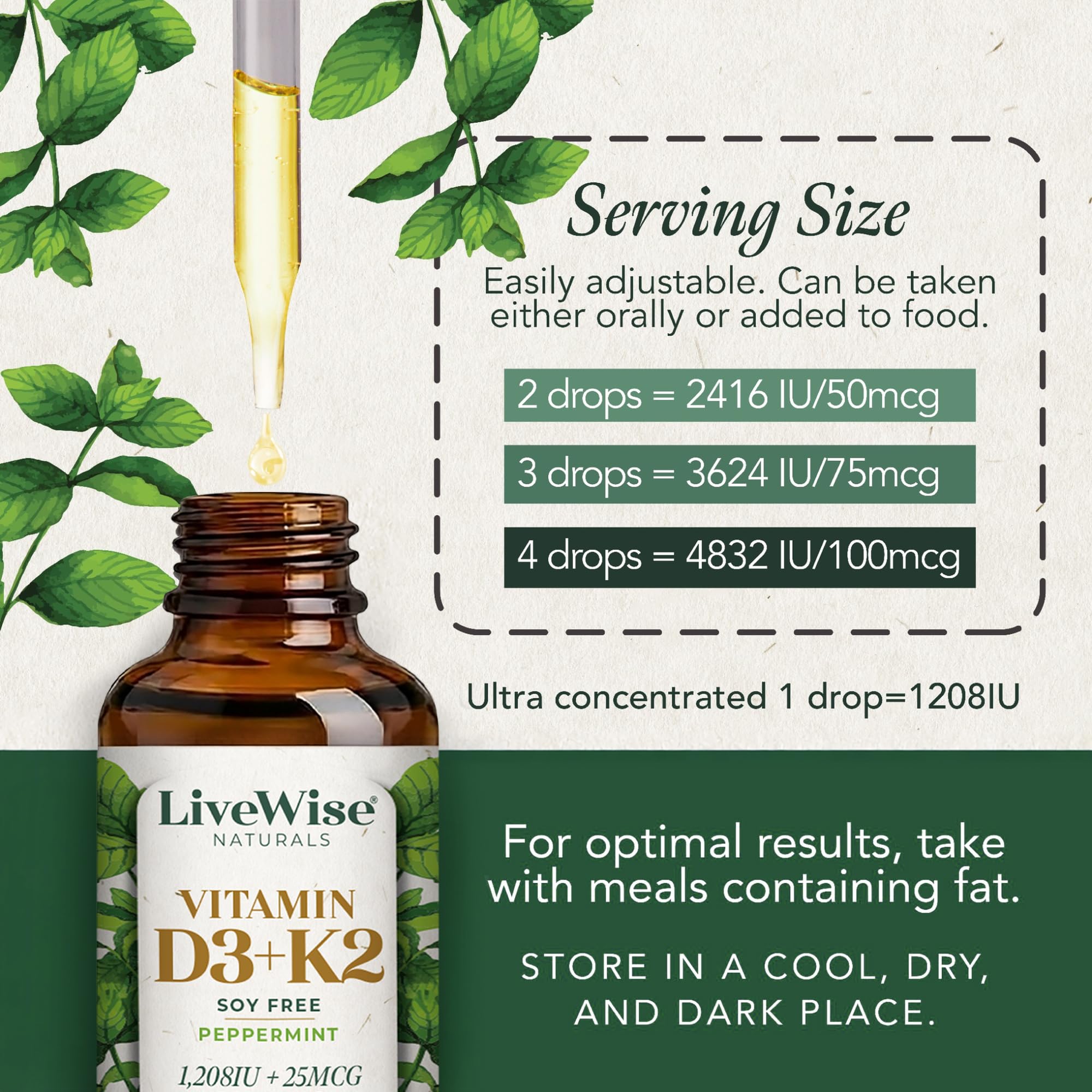 Live Wise Naturals D3K2 drops under-tongue use for fast absorption.