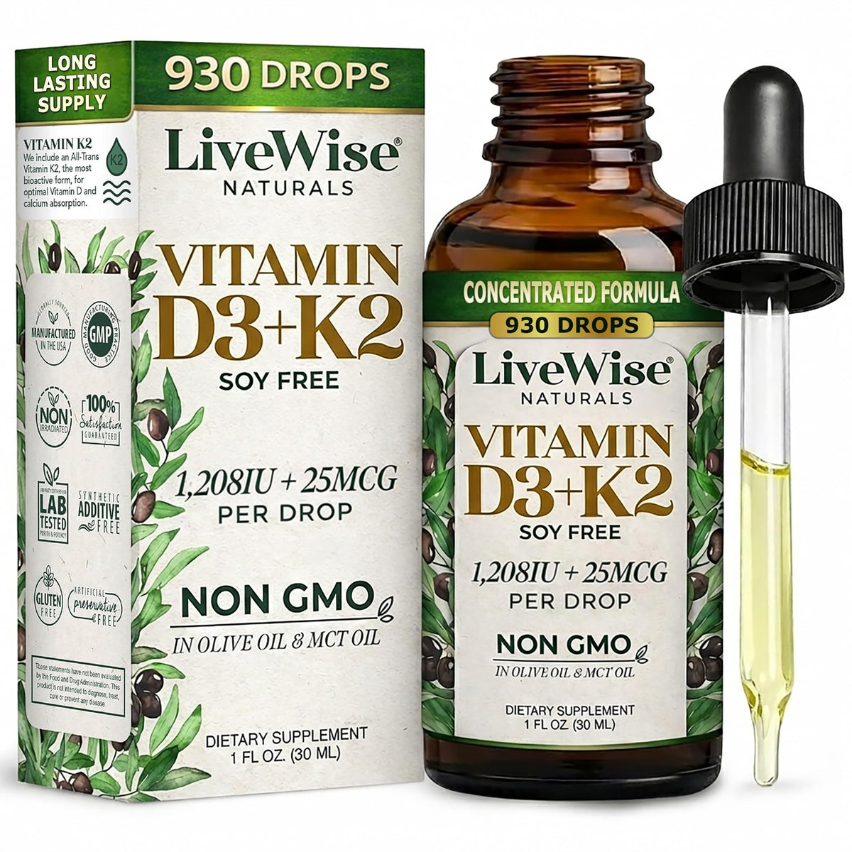 Live Wise Naturals Vitamin D3 K2 Drops bottle and dropper for easy daily dosing.