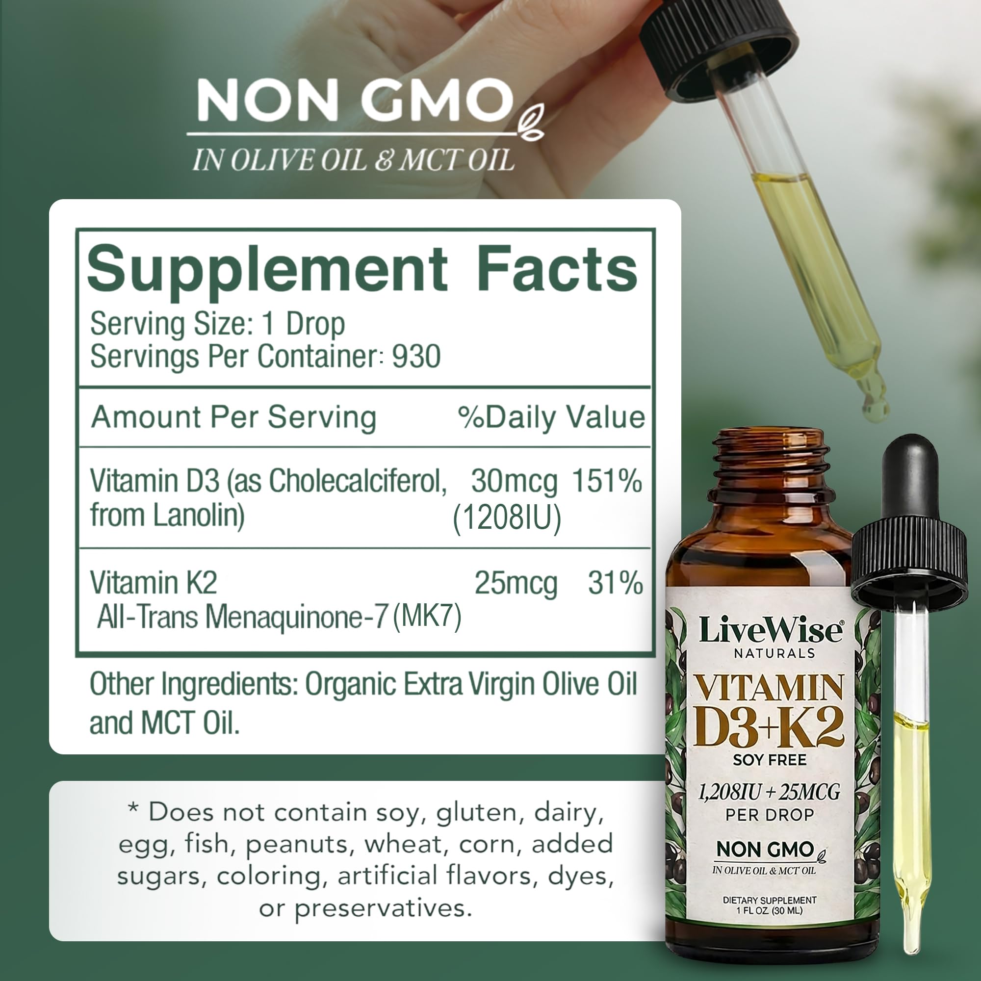 Close-up of Live Wise Naturals D3 K2 Drops dropper enabling precise micro-dosing.
