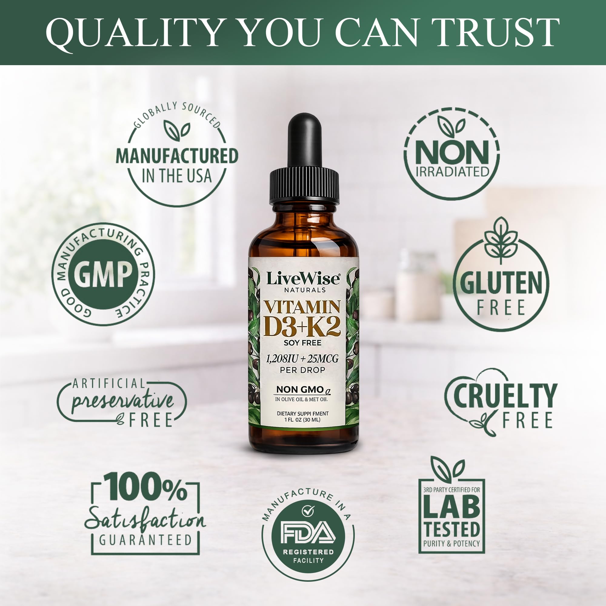 Organic olive oil base in Live Wise Naturals D3 K2 Drops for smooth swallowing.