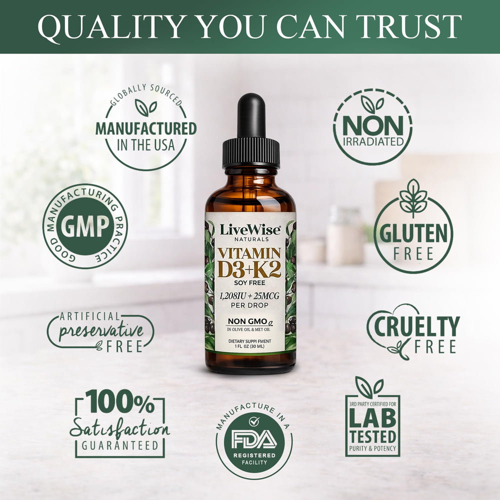 Organic olive oil base in Live Wise Naturals D3 K2 Drops for smooth swallowing.