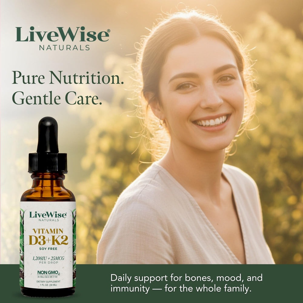 Live Wise Naturals packaging label highlights clean ingredients and dosage info.