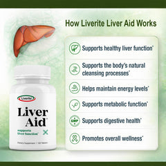 Liverite Liver Aid bottle side reveals dosage details and easy integration into daily routines