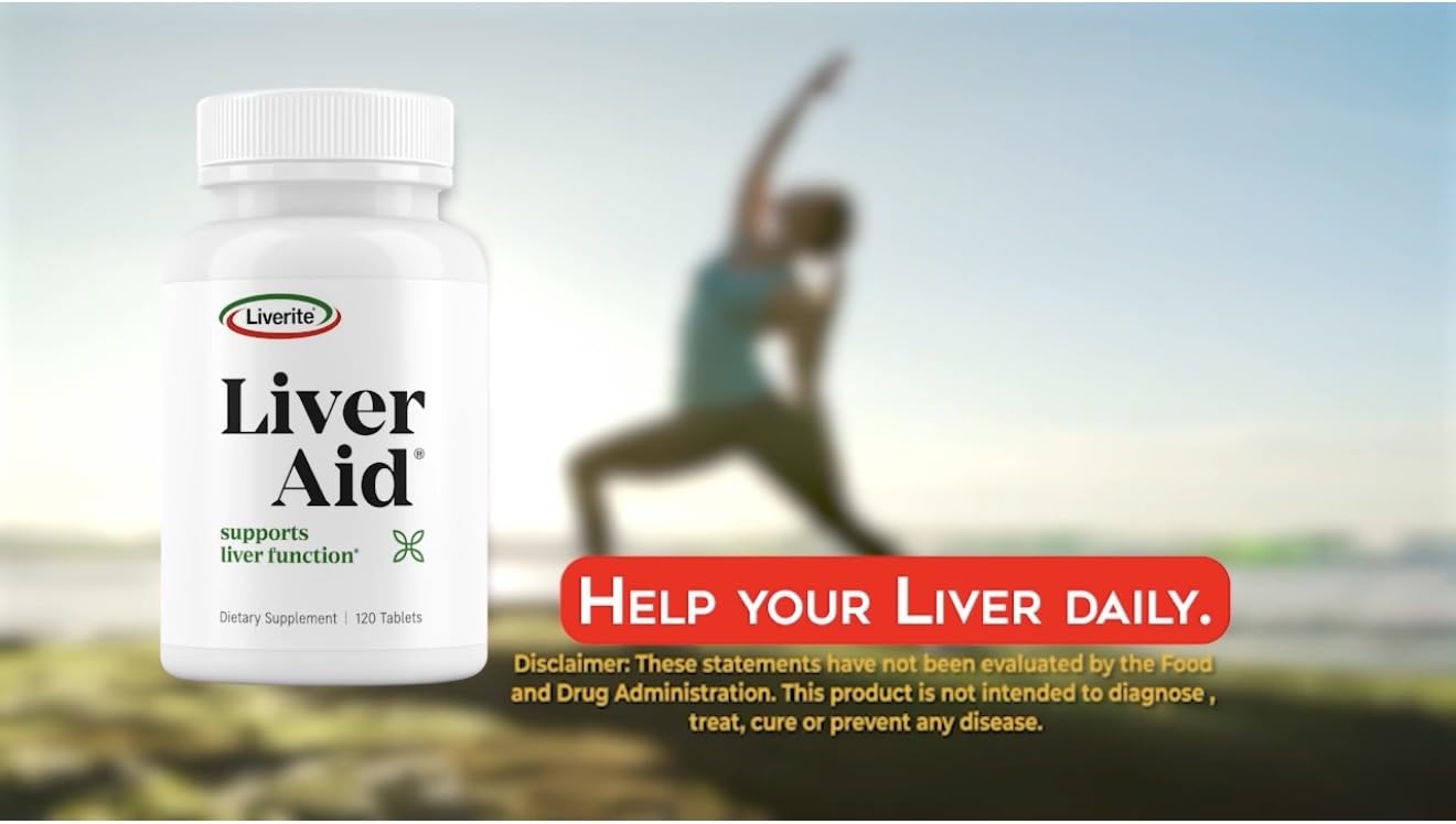 Liverite Liver Aid bottle with label and supplements communicates trusted, non-GMO health support