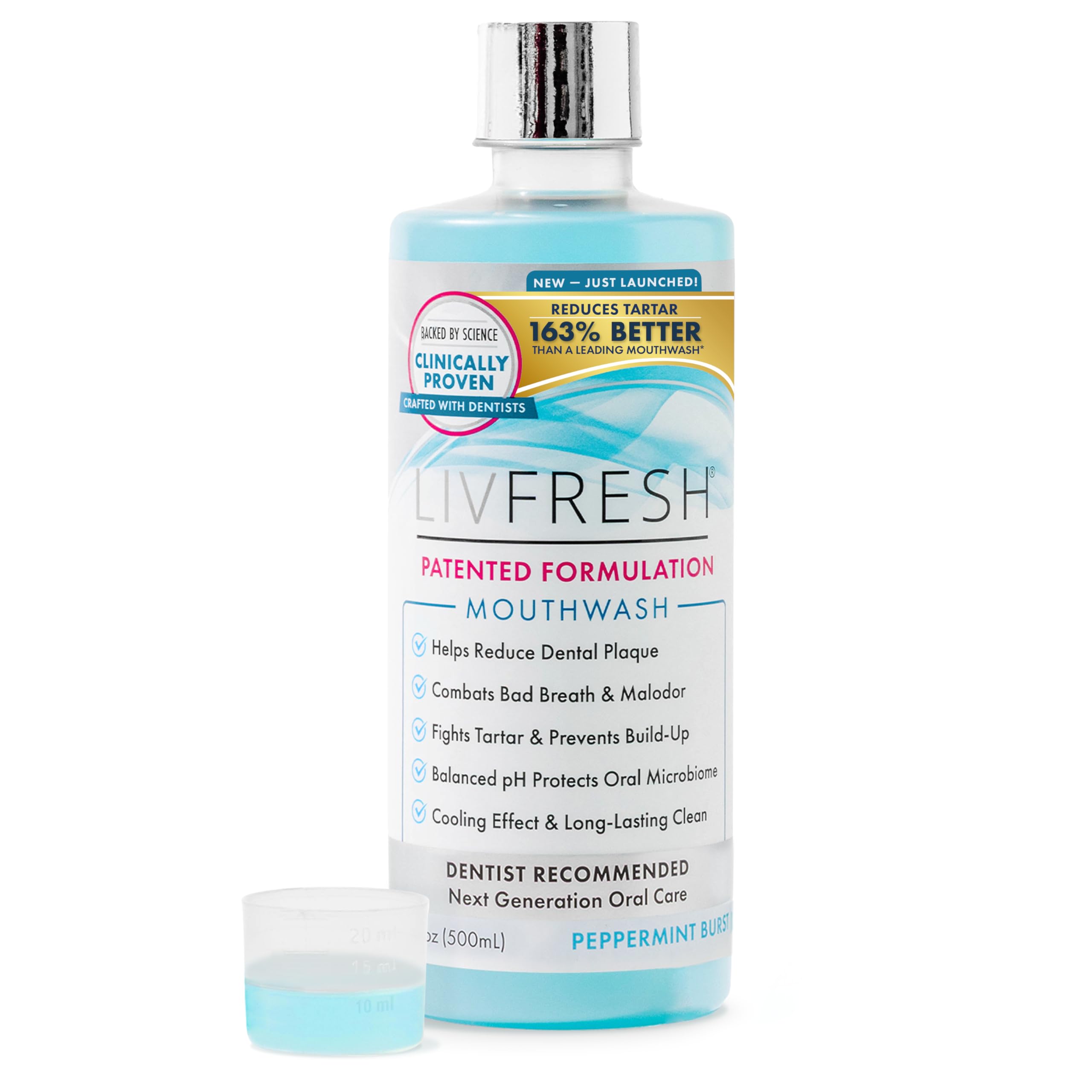 LIVFRESH mouthwash bottle being poured for a fresh breath boost.