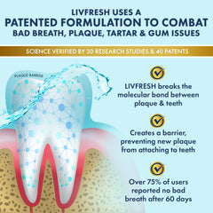 Minty LIVFRESH splash in a glass ready after meals for fresh breath.