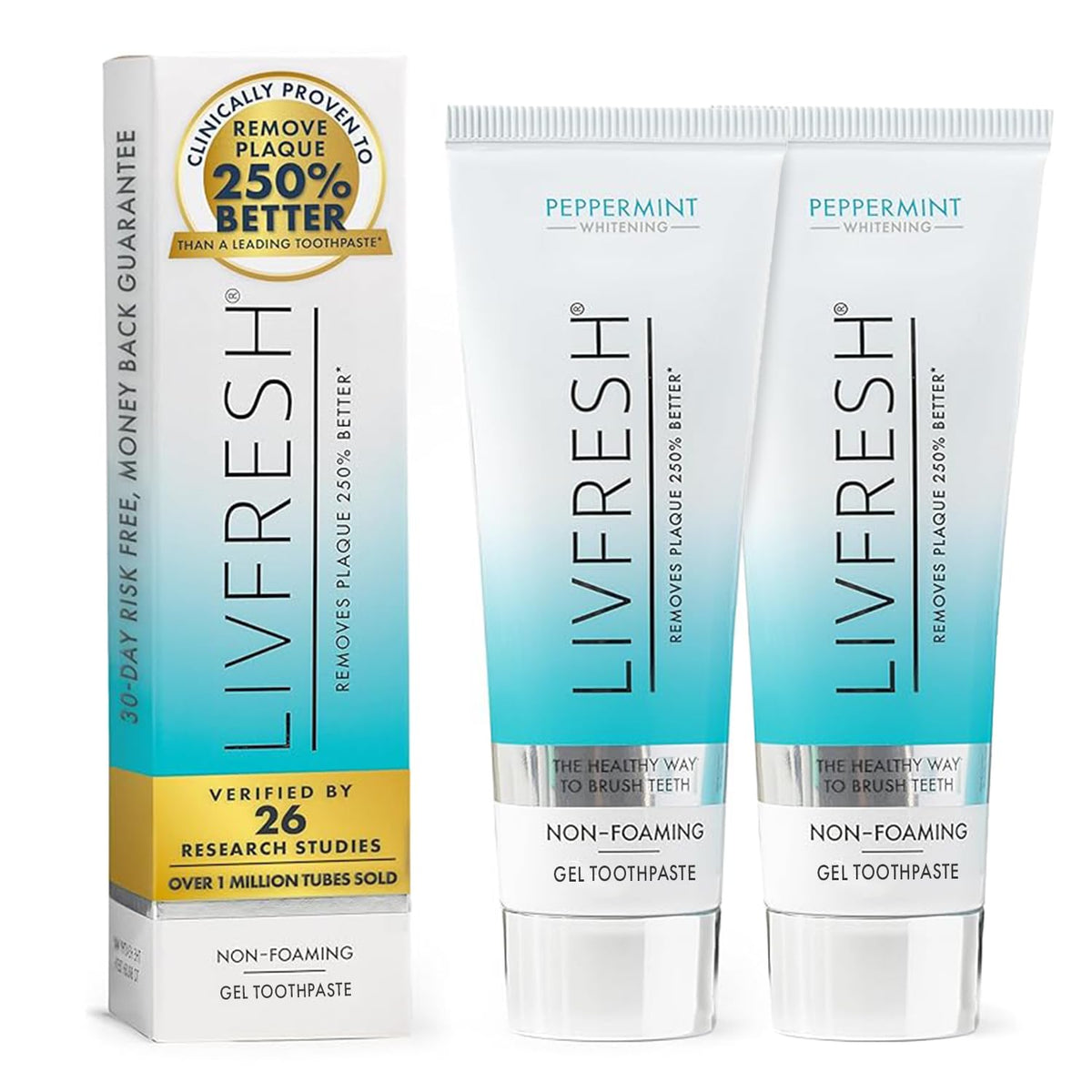 LIVFRESH toothpaste gel packaging with SLS-free formula for gentle cleaning.