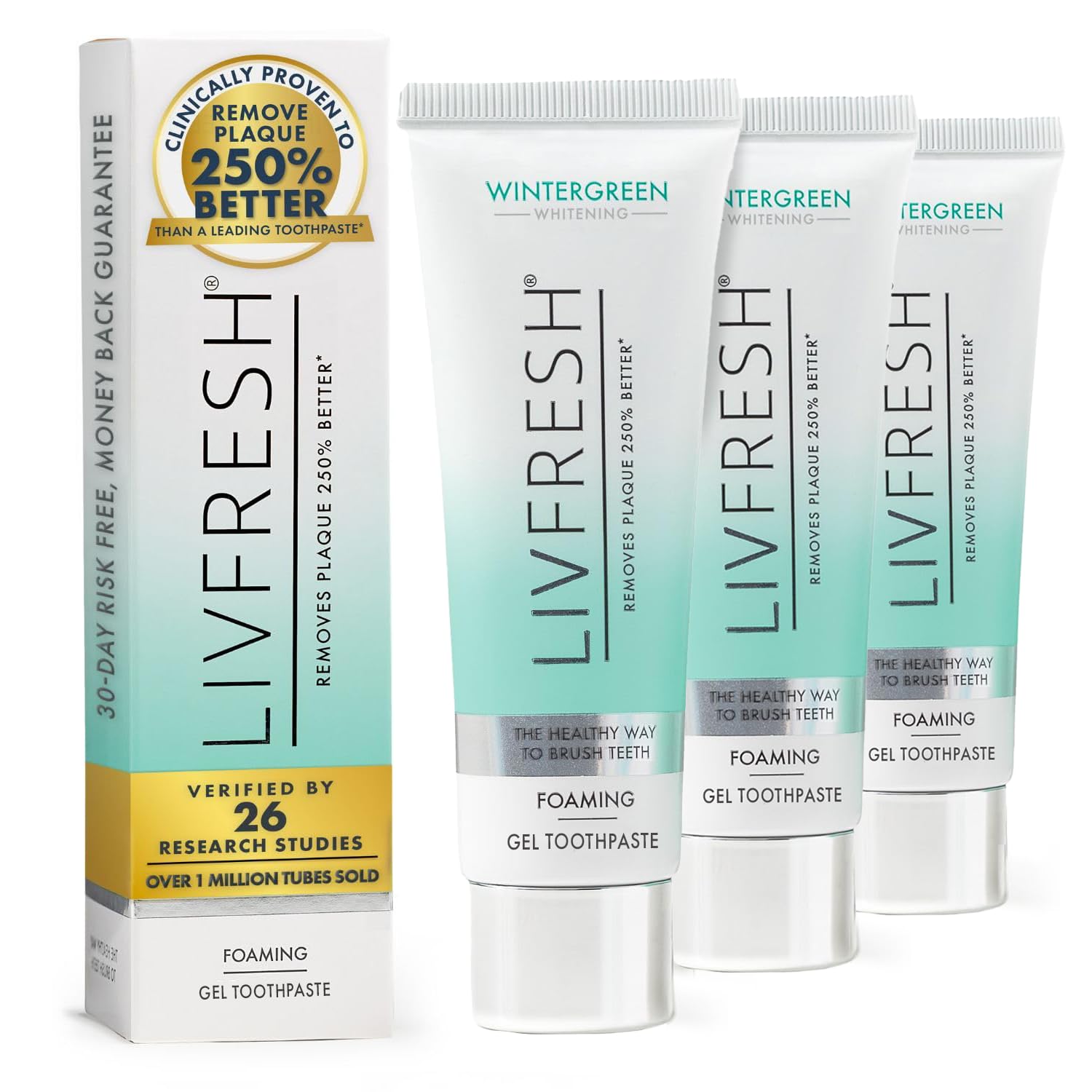 LIVFRESH toothpaste gel packaging highlights premium, SLS free formula for daily care.