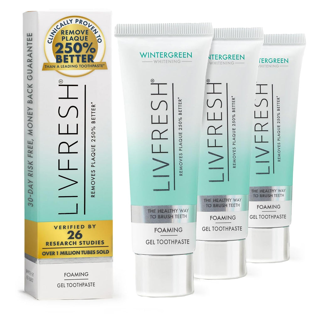 LIVFRESH toothpaste gel packaging highlights premium, SLS free formula for daily care.