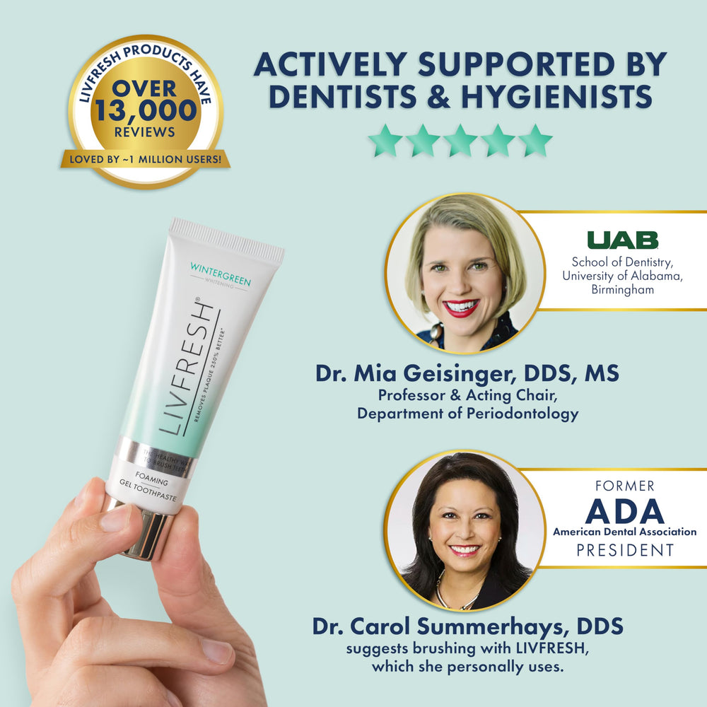 LIVFRESH toothpaste gel on teeth highlights plaque removal near gums.