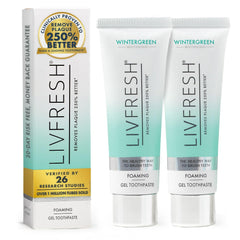 LIVFRESH Toothpaste Gel tube front showing branding and plaque removal promise.