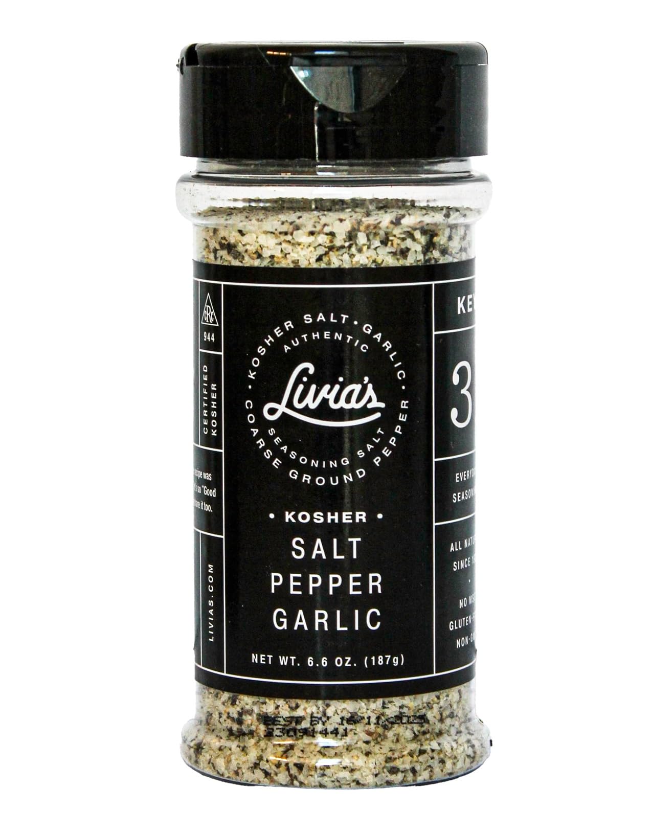 Livia’s Salt Pepper Garlic Seasoning front bottle for bold steak flavor and easy access