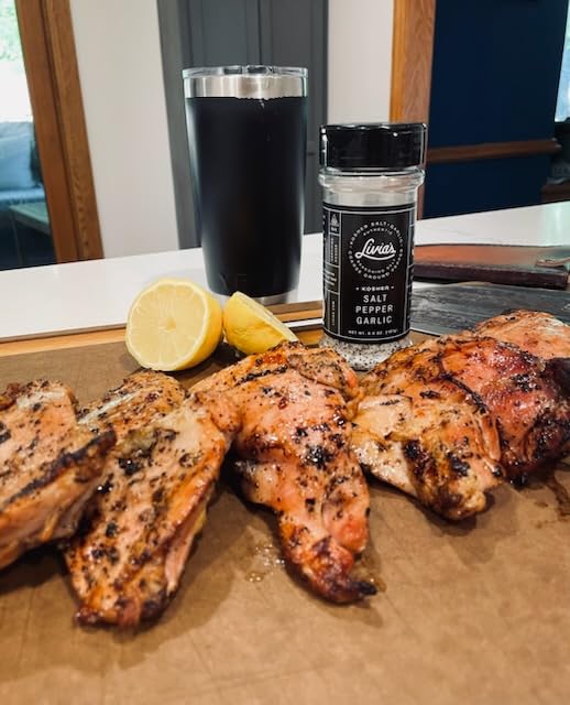 Livia’s Salt Pepper Garlic Seasoning on a kitchen counter for everyday gourmet flavor