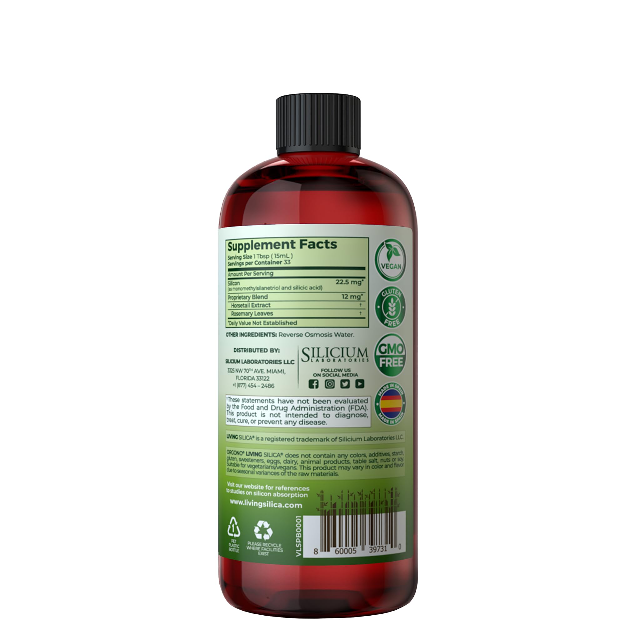 Living Silica bottle label highlights vegan formula and absorption-focused design.