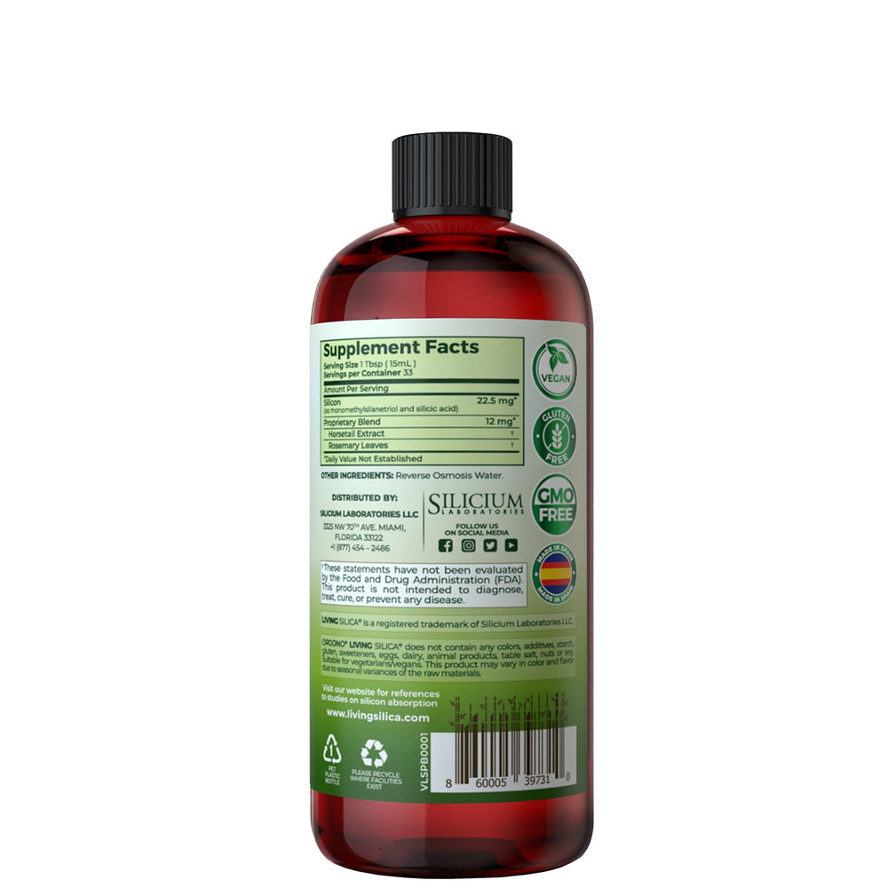 Living Silica bottle label highlights vegan formula and absorption-focused design.