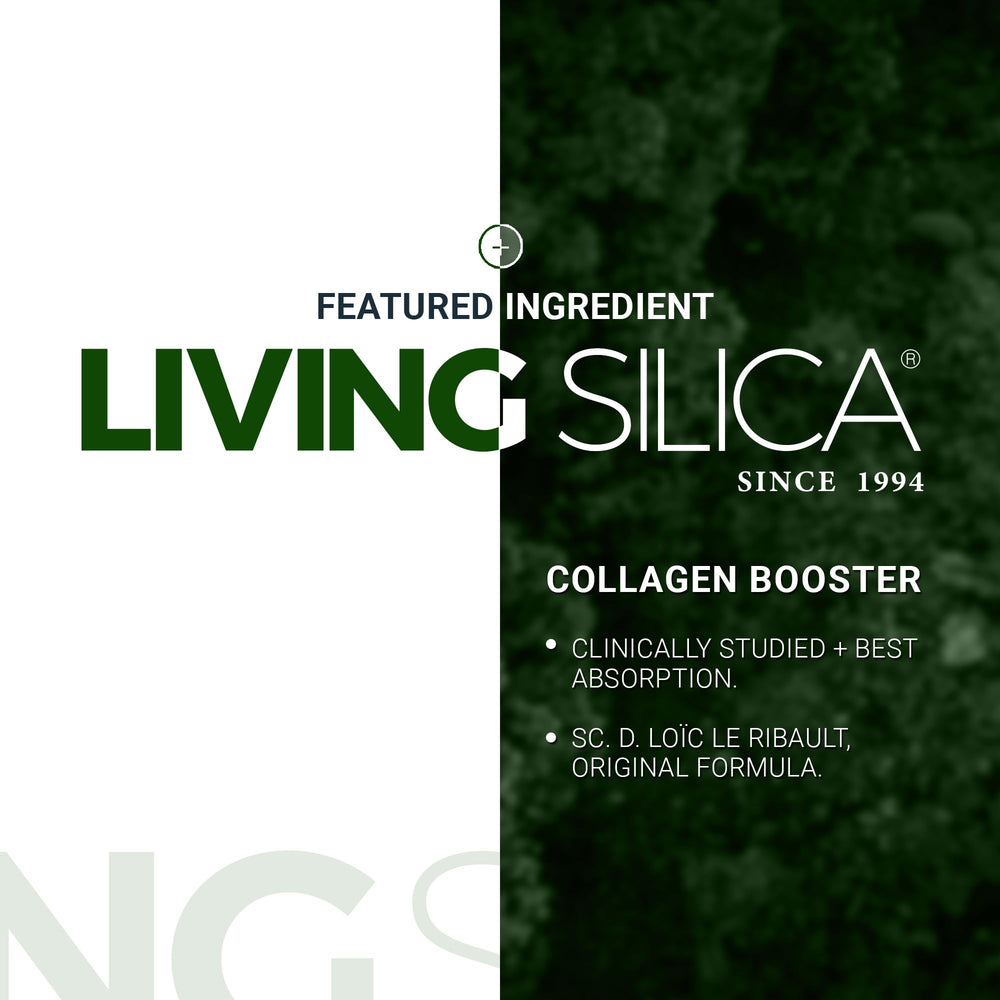 Living Silica nutrition panel notes gluten-free and GMO-free attributes.