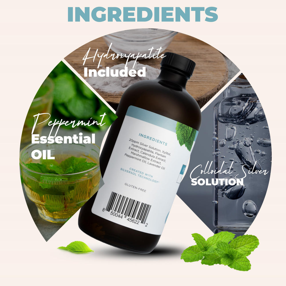 Living Well with Dr. Michelle Cool Mint Mouthwash bottle closeup emphasizes clean, gentle care.